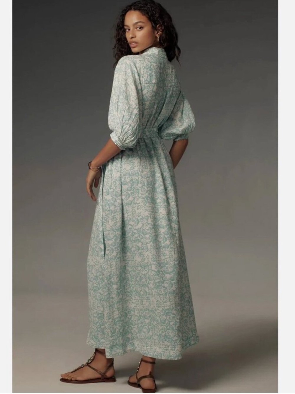 Anthropologie Maeve The Irene Linen Long Shirt Dress Puff Sleeve Tie Waist 2X - Picture 3 of 10